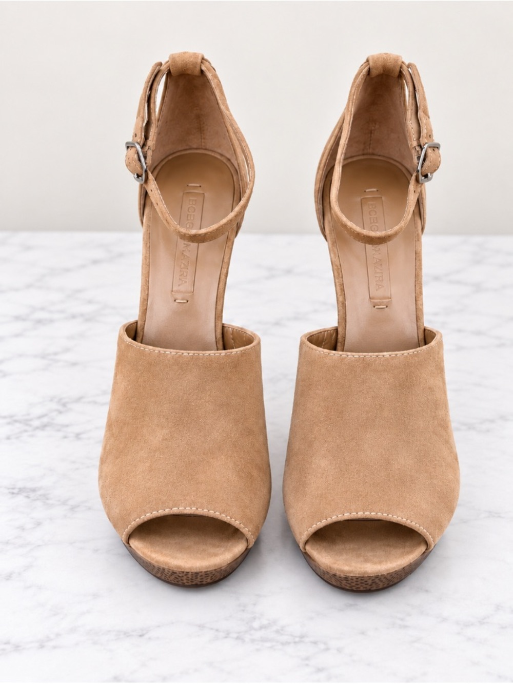 BCBGMAXAZRIA Tan Suede Peep Toe Ankle Strap High Stiletto Heels